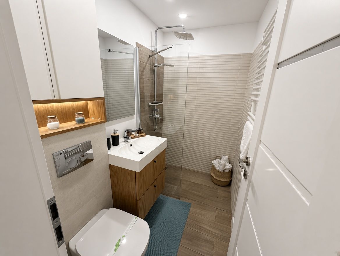 The bathroom, with a walk-in shower
